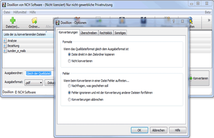 Doxillion Dokumentkonverter Software Optionen Screenshot