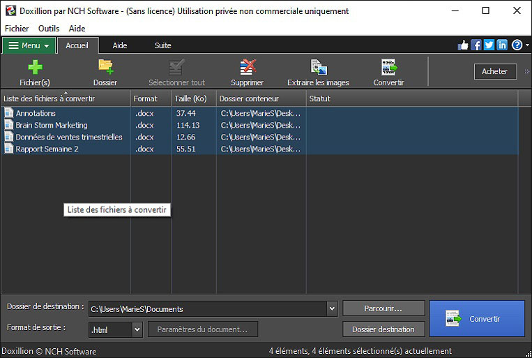 Capture d'écran de conversion de documents multiples dans Doxillion convertisseur de documents