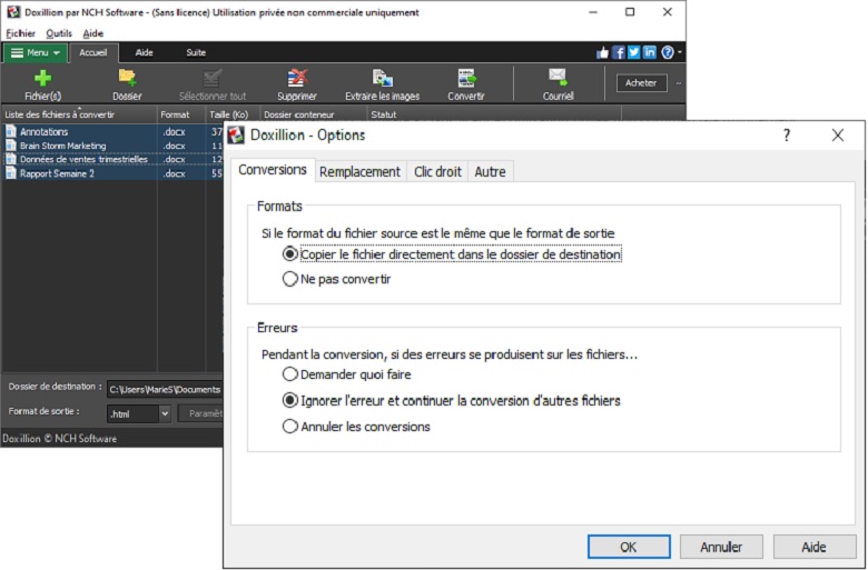 Capture d'écran des options de Doxillion logiciel convertisseur de documents