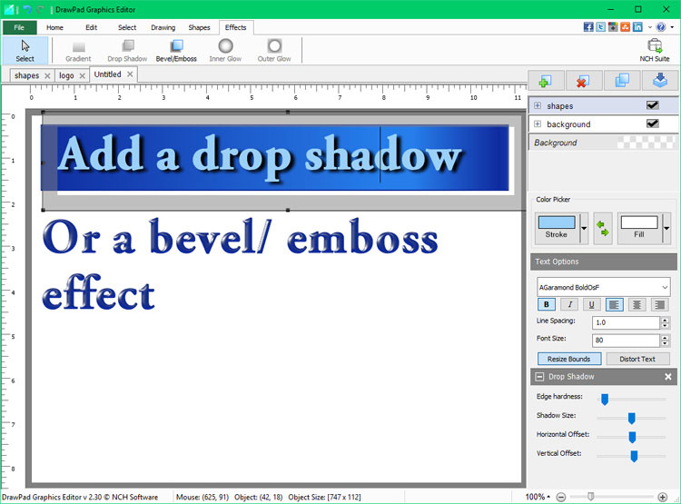 DrawPad schermata effetti testo