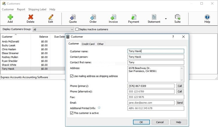 Express Accounts Accounting Software customer details screenshot