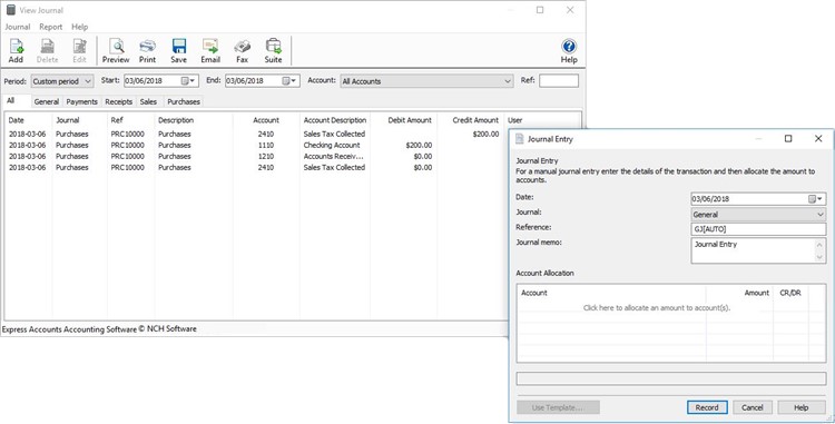 Express Accounts Accounting Software journal screenshot