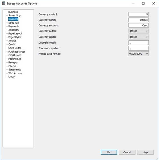 Express Accounts Accounting Software options screenshot