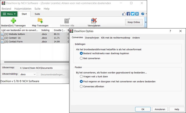 Doxillion Documentconverter opties screenshot