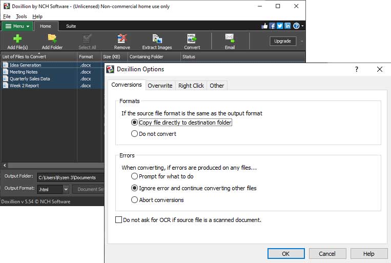 Doxillion Document Converter Software options screenshot