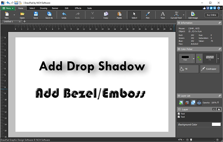 Add text with effects such as drop shadow and bevel DrawPad screenshot