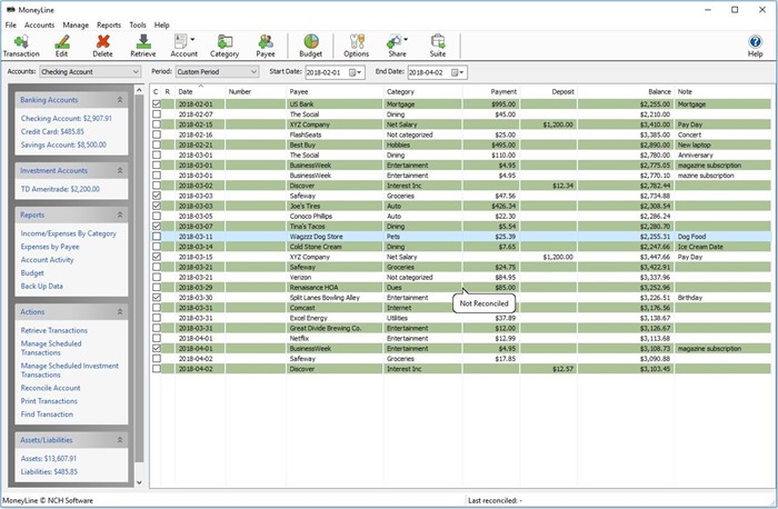 MoneyLine Personal Finance Software checkbook registrar software screenshot