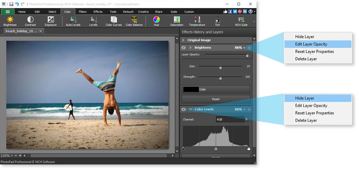 PhotoPad Photo Editing Software layer options screenshot